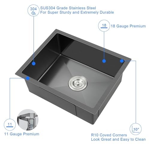 MENATT 24 Inch Undermount Single Bowl Kitchen Sink, SUS304 Stainless Steel Handmade Kitchen Sink Undermount Black, 24"x18"x9" - Image 5