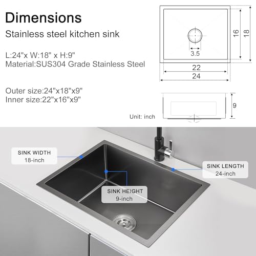 MENATT 24 Inch Undermount Single Bowl Kitchen Sink, SUS304 Stainless Steel Handmade Kitchen Sink Undermount Black, 24"x18"x9" - Image 4