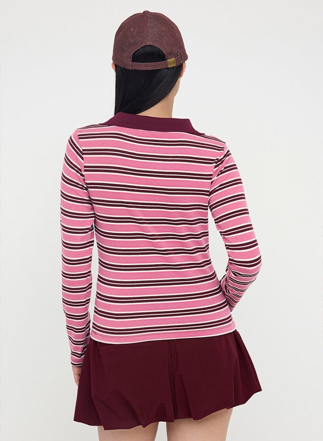 trendyol Pink Striped Polo Neck Fitted/Slim Fit Knitted Blouse - Image 4