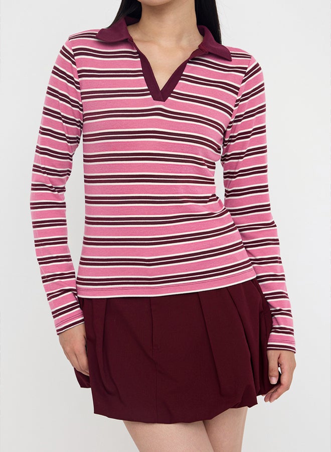 trendyol Pink Striped Polo Neck Fitted/Slim Fit Knitted Blouse - Image 3