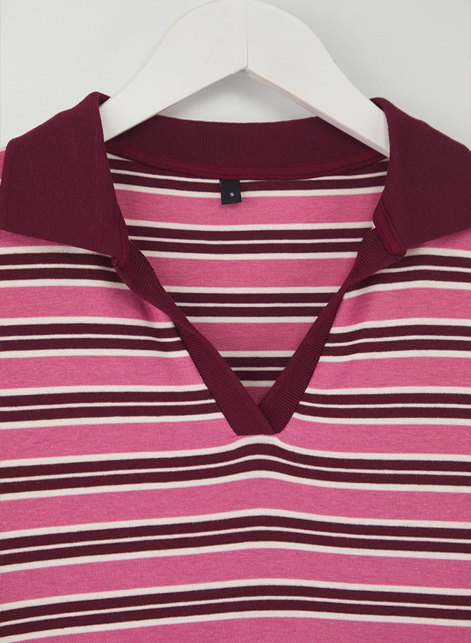 trendyol Pink Striped Polo Neck Fitted/Slim Fit Knitted Blouse - Image 5