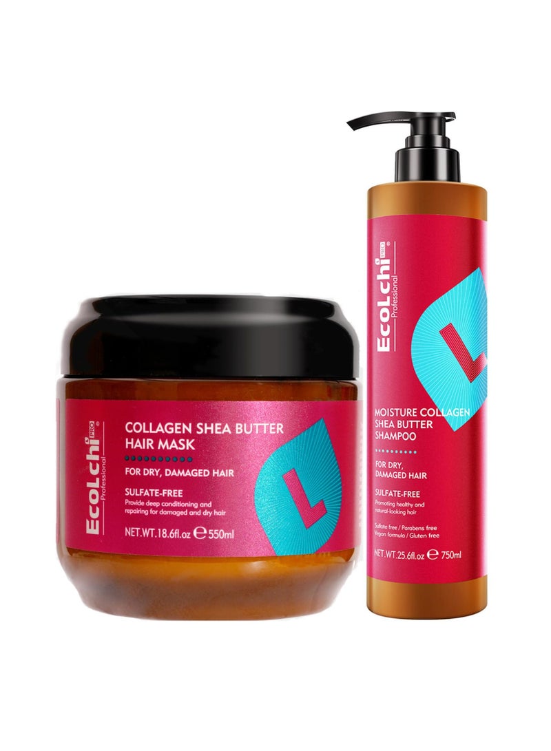 Ecolchi Collagen Hair Mask and Shampoo Set Natural Ingredient Collagen Deep Conditioning Hair Treatment Shampoo Set For Dry and Damaged All Hair Types 550+750ml - Image 1