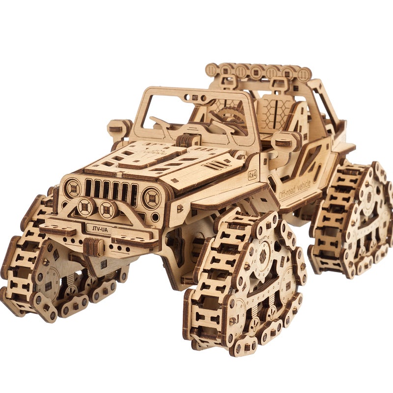 UGEARS Tracked Off-Road Vehicle - 4WD Model Vehicle Kits to Build - DIY 3D Car Model Puzzle with Spring Motor, 2 Driving Modes, Openable Hood with Engine - 3D Wooden Puzzles for Adults - Image 1