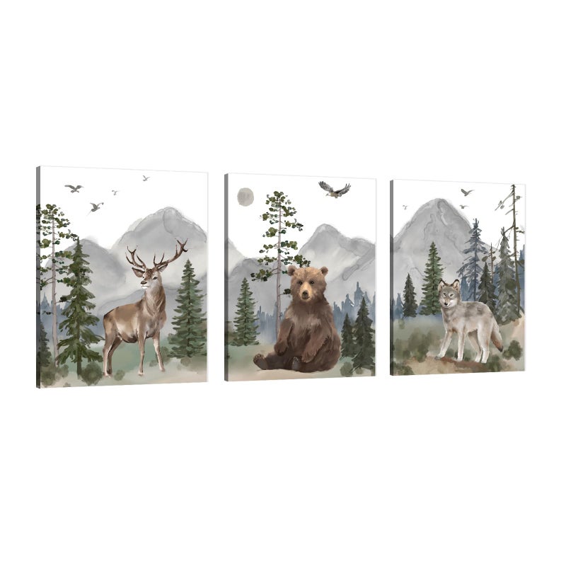 1 KINGO Woodland Nursery Wall Art Decor: Forest Themed Animal Wall Art Prints Canvas Posters Nursery Decor for Boys Girls Room,Wildlife Deer Bear Wolf Pictures for Bedroom Wall Decor,12x15 Inch,Set of 3 - Image 1