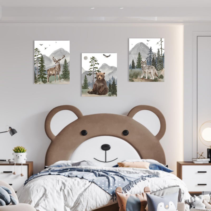 1 KINGO Woodland Nursery Wall Art Decor: Forest Themed Animal Wall Art Prints Canvas Posters Nursery Decor for Boys Girls Room,Wildlife Deer Bear Wolf Pictures for Bedroom Wall Decor,12x15 Inch,Set of 3 - Image 2