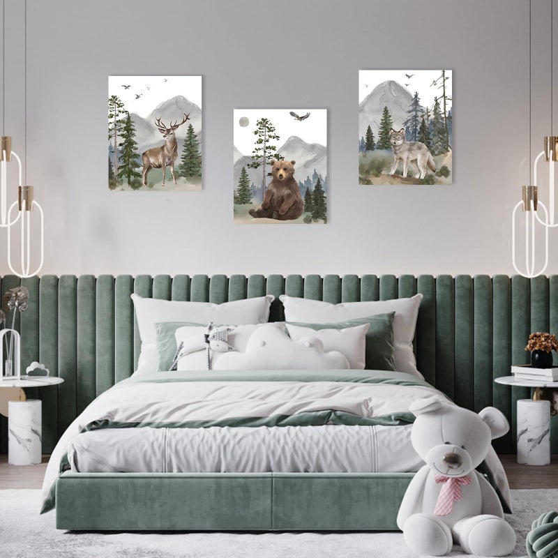 1 KINGO Woodland Nursery Wall Art Decor: Forest Themed Animal Wall Art Prints Canvas Posters Nursery Decor for Boys Girls Room,Wildlife Deer Bear Wolf Pictures for Bedroom Wall Decor,12x15 Inch,Set of 3 - Image 4