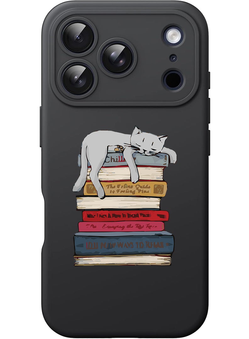 Theodor Protective Slim Fit Case Liquid Silicone Cover with Full Body Protection Anti-Scratch Shockproof Case For Apple iPhone 17 Pro Max (Black) Cat on books - Image 1