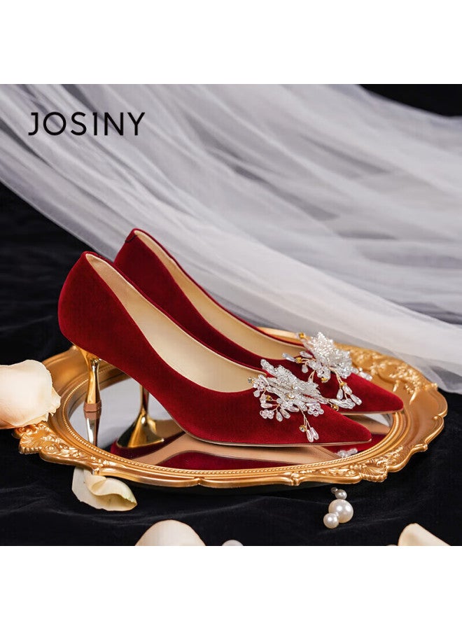 Josiny Rhinestone High Heel Wedding Shoes New Women's Shoes Comfortable Spring And Summer French Pointed Bride Shoes Red 34 - Image 1