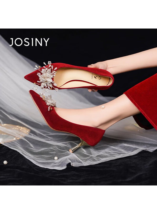 Josiny Rhinestone High Heel Wedding Shoes New Women's Shoes Comfortable Spring And Summer French Pointed Bride Shoes Red 34 - Image 4