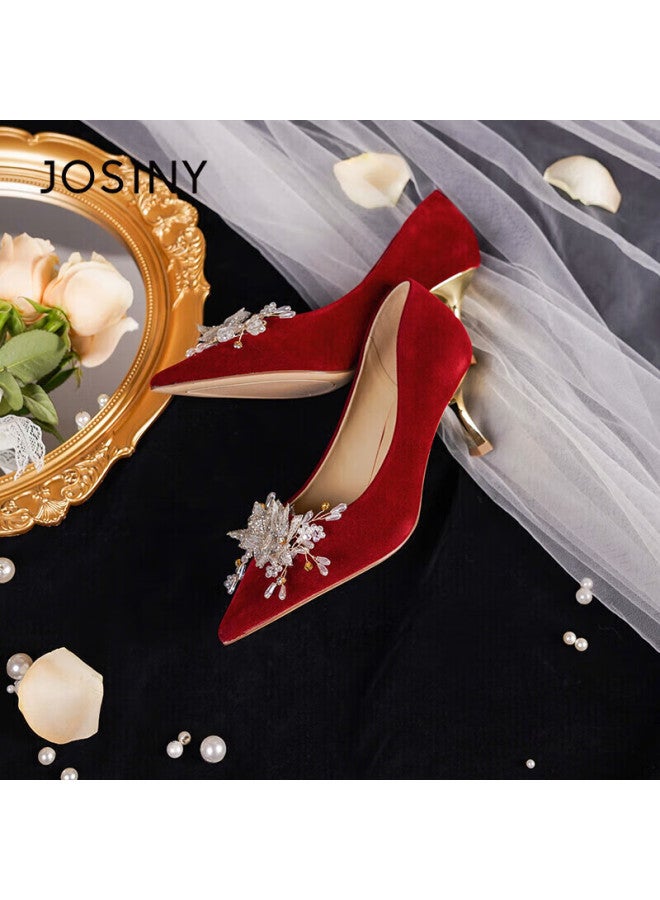 Josiny Rhinestone High Heel Wedding Shoes New Women's Shoes Comfortable Spring And Summer French Pointed Bride Shoes Red 34 - Image 3