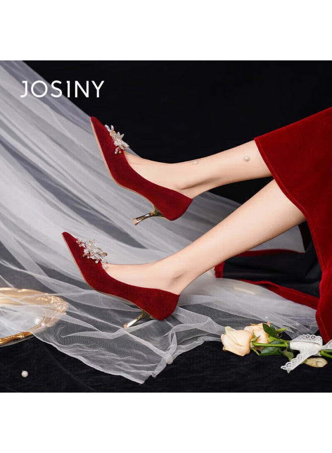 Josiny Rhinestone High Heel Wedding Shoes New Women's Shoes Comfortable Spring And Summer French Pointed Bride Shoes Red 34 - Image 5