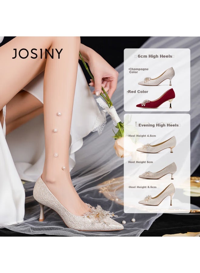 Josiny Rhinestone High Heel Wedding Shoes New Women's Shoes Comfortable Spring And Summer French Pointed Bride Shoes Red 34 - Image 2