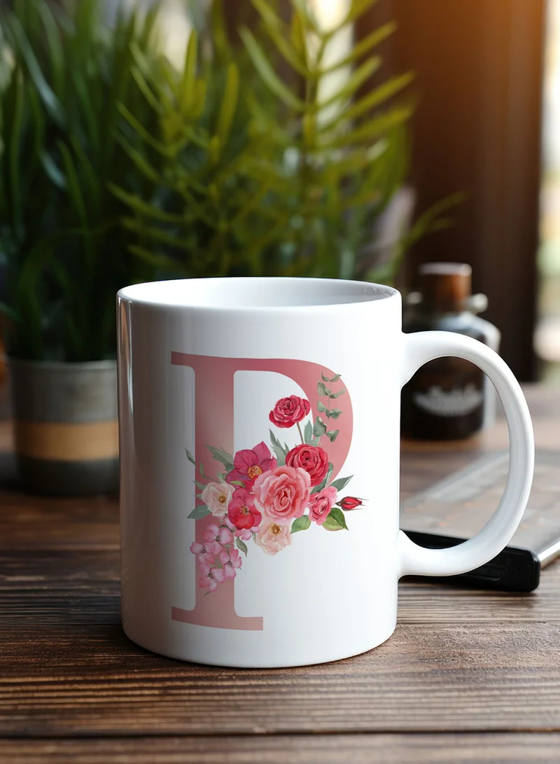 LOWHA 11 oz Ceramic Mug with Letter P Design on Both Sides