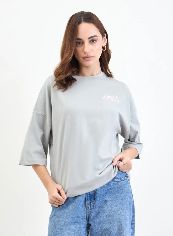 Grey Oversized T-Shirt with 3/4 Sleeves