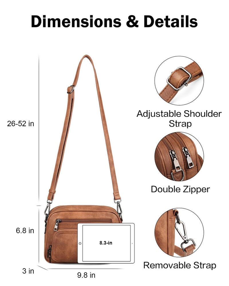 FADEON Crossbody Bags for Women Multi-pocket Leather Crossbody Purses, Designer Shoulder Bag Purse Adjustable Strap Brown - Image 3