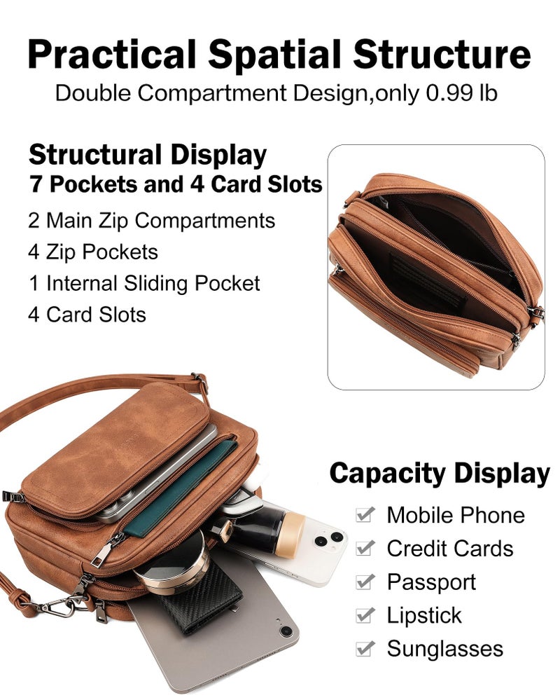 FADEON Crossbody Bags for Women Multi-pocket Leather Crossbody Purses, Designer Shoulder Bag Purse Adjustable Strap Brown - Image 4