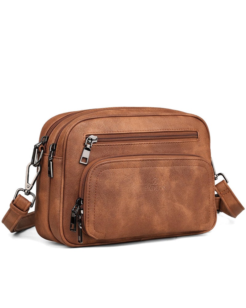 FADEON Crossbody Bags for Women Multi-pocket Leather Crossbody Purses, Designer Shoulder Bag Purse Adjustable Strap Brown - Image 1