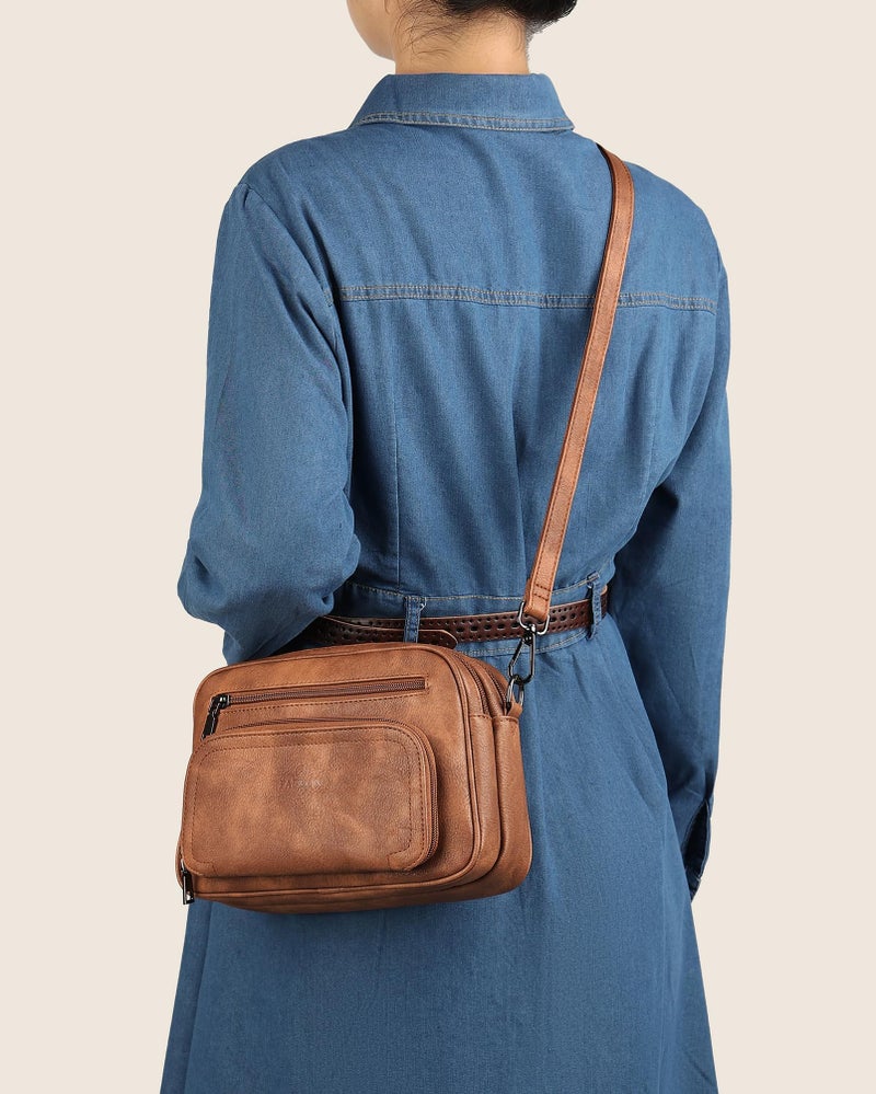 FADEON Crossbody Bags for Women Multi-pocket Leather Crossbody Purses, Designer Shoulder Bag Purse Adjustable Strap Brown - Image 2
