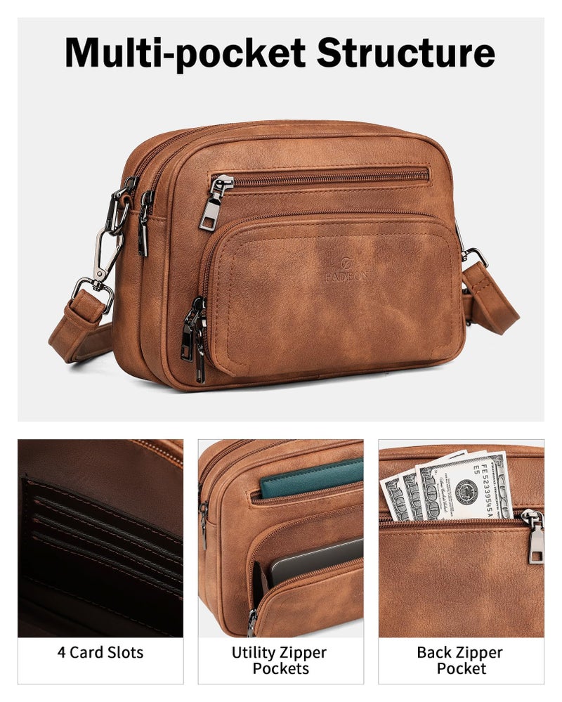 FADEON Crossbody Bags for Women Multi-pocket Leather Crossbody Purses, Designer Shoulder Bag Purse Adjustable Strap Brown - Image 5