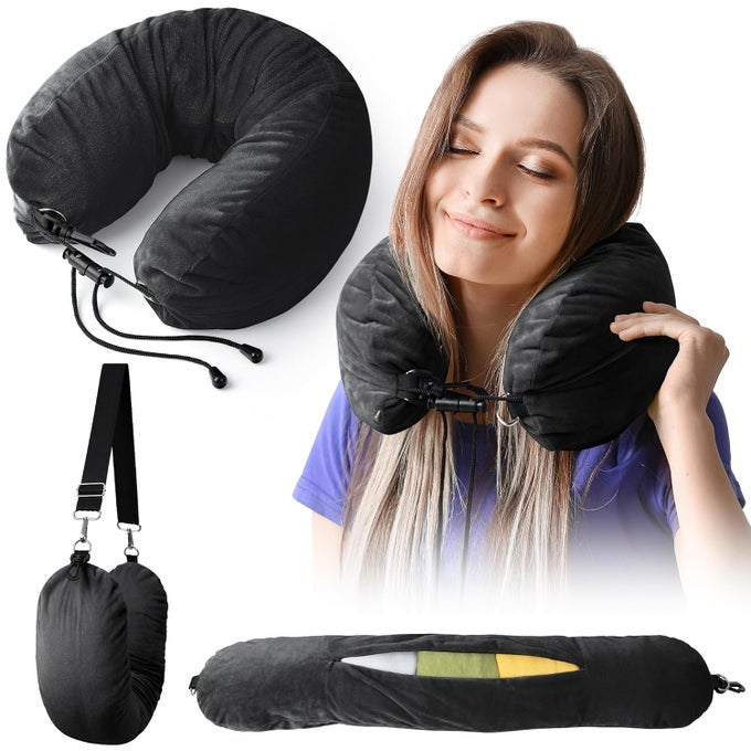 STUFFABLE NECK PILLOW FOR TRAVEL NECK PILLOW FOR EXTRA LUGGAGE STORAGE IDEAL 13 DAYS TRAVEL ESSENTIALS ADJUSTABLE USHAPES AIRPLANE PILLOW SIZE SOFT VELVET COVER NO FILLER BLACK