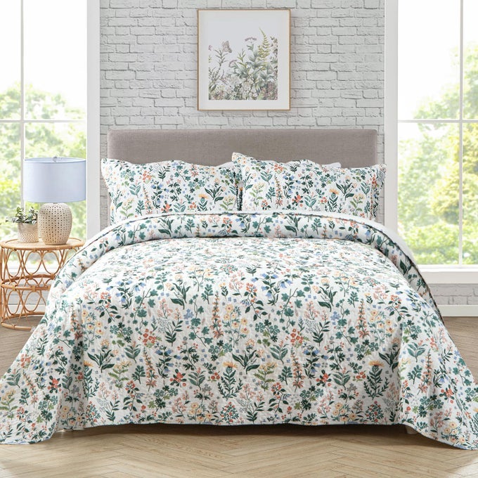 3PIECE QUILT SET QUILTED BEDSPREAD LIGHTWEIGHT COVERLET SET GARDEN STYLE FLORAL PRINTED OVERSIZED QUILTED BEDDING SET WITH SHAMS FOR ALL SEASON EXQUISITE KING SIZE