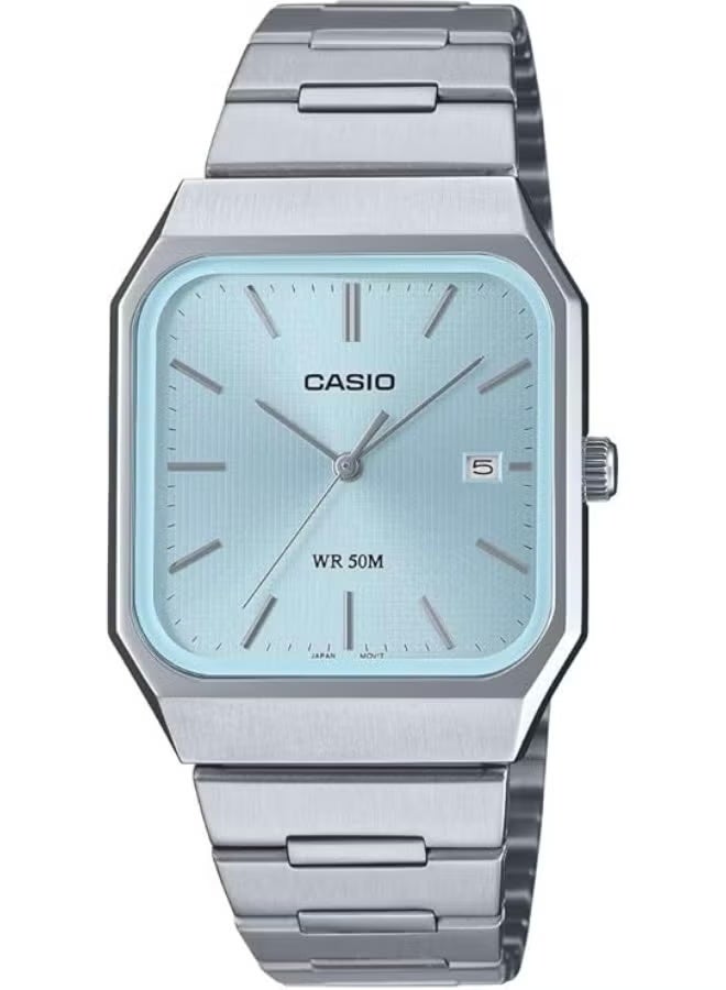 MTP-B185D-2A2 Men's Analog Watch with Ice Blue Dial and Stainless Steel Bracelet-40 × 32.5 × 7.3 mm