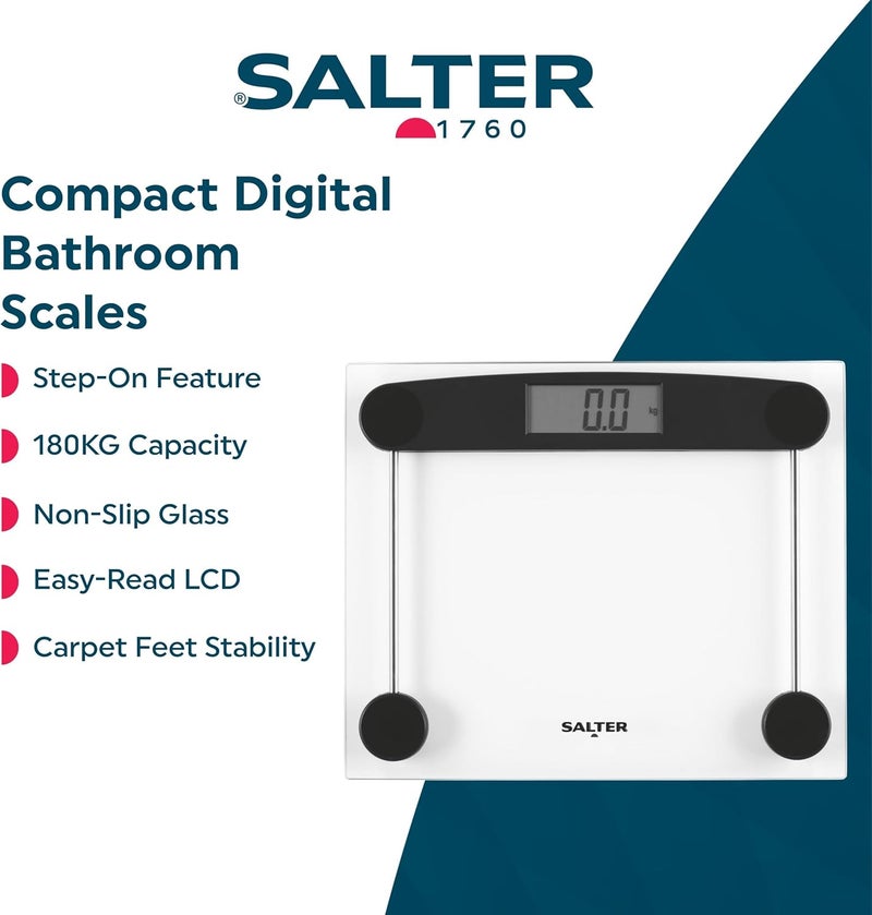 Salter ميزان حمام زجاجي إلكتروني رقمي سالتر 9208 BK3R 180 كجم 28 ست 8 رطل شاشة LCD سهلة القراءة تصميم مدمج وواضح يتضمن أقدام للسجاد بطارية - Image 2