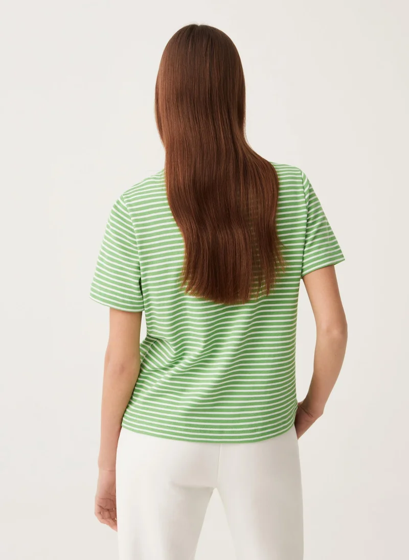 او في اس Ovs Striped Cotton T-Shirt With Round Neck