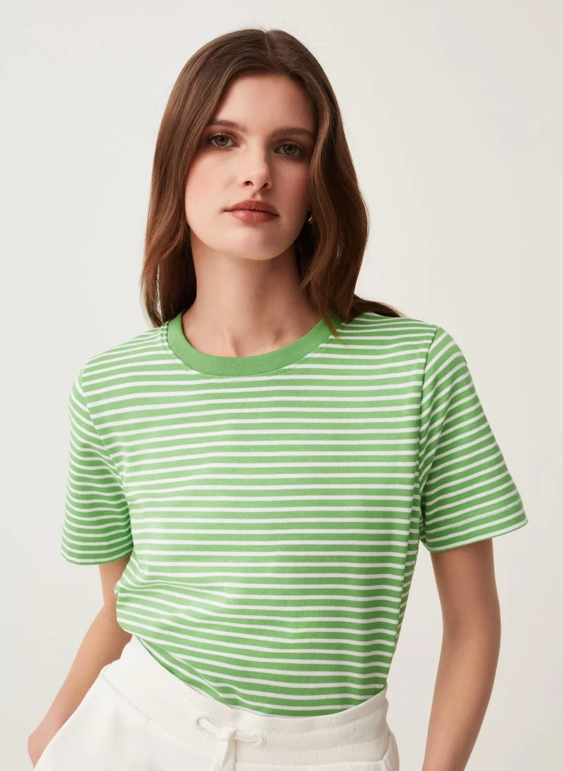 او في اس Ovs Striped Cotton T-Shirt With Round Neck