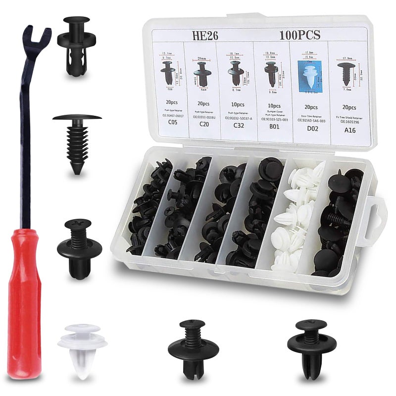 Ajxn 100 PCS Lower Hood Clips Push Pins Clip Removal Tool Set Automotive Bumper Clips Shield Retainers Replacement Car Tool Kit Plastic Rivets with Fastener Remover for Most Cars White - Image 3