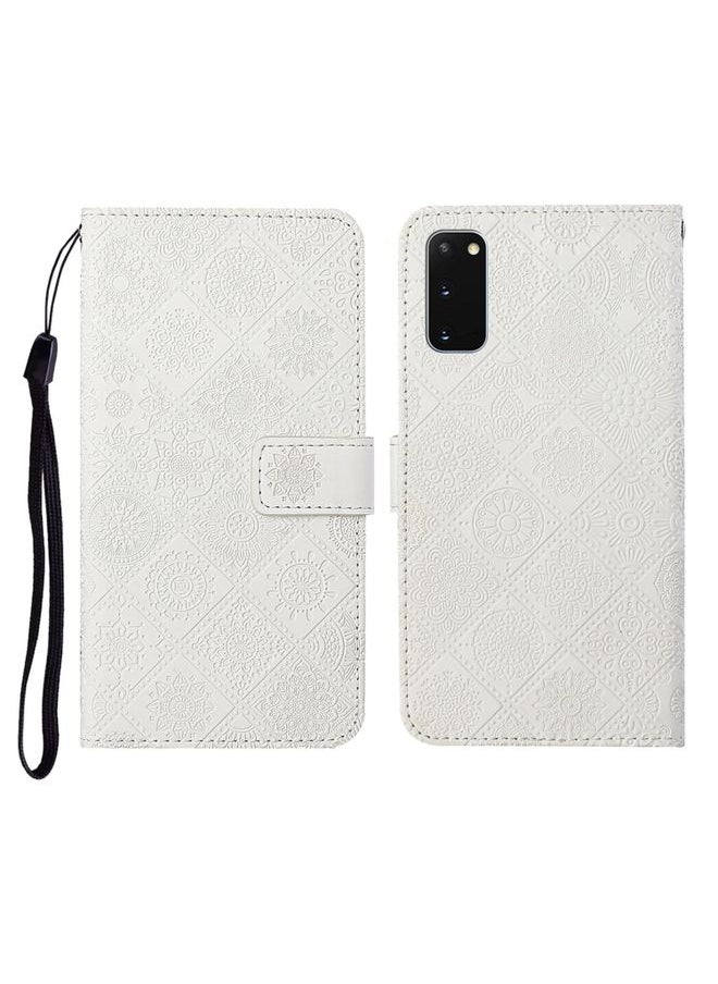 Generic Case Cover For Samsung Galaxy S20 Ethnic Style Embossed Pattern Horizontal Flip Leather Case with Holder & Card Slots & Wallet & Lanyard White 
