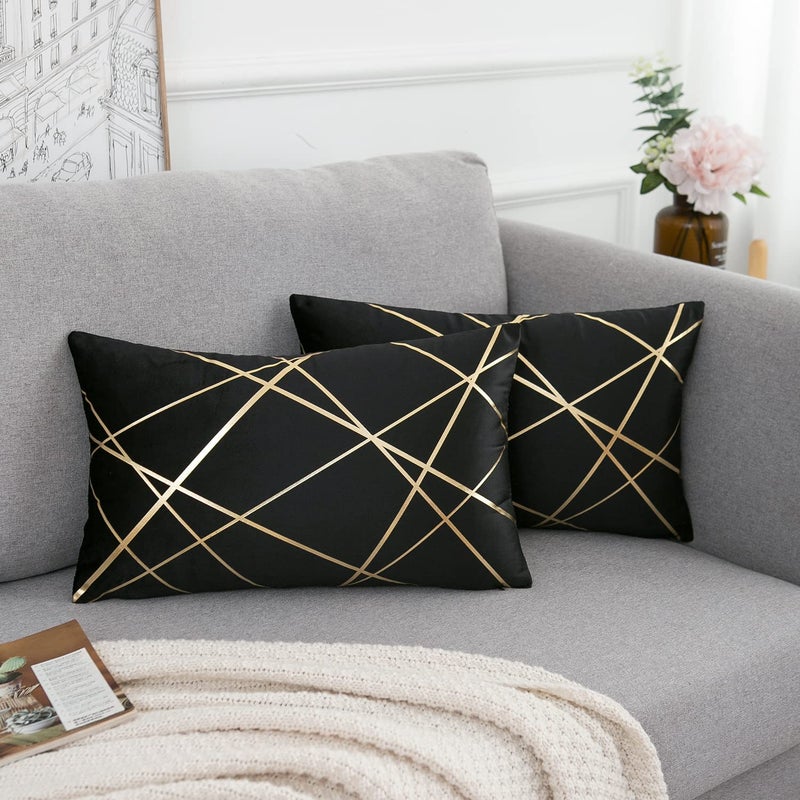 غطاء وسادة مخمل 2 حزمة 30 × 50 سم أسود مزخرف بخطوط ذهبية هندسة مربعة غطاء وسادة ناعم للمنزل لغرفة المعيشة وغرفة النوم ربيع صيف 12 × 20 بوصة