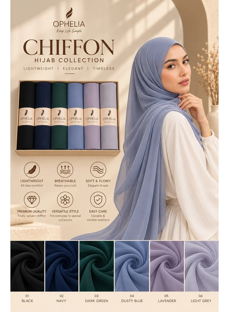Ophelia 6 PCS Premiun Chiffon Hijab Bundle, Elegant Assorted Colors