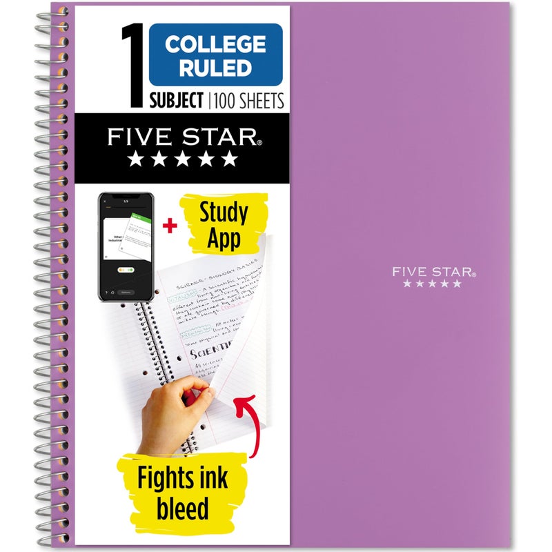 Five Star Spiral Notebook Study App 1 Subject College Ruled Paper 812 x 11 100 Sheets Fights Ink Bleed Water Resistant Cover Amethyst Purple 38744