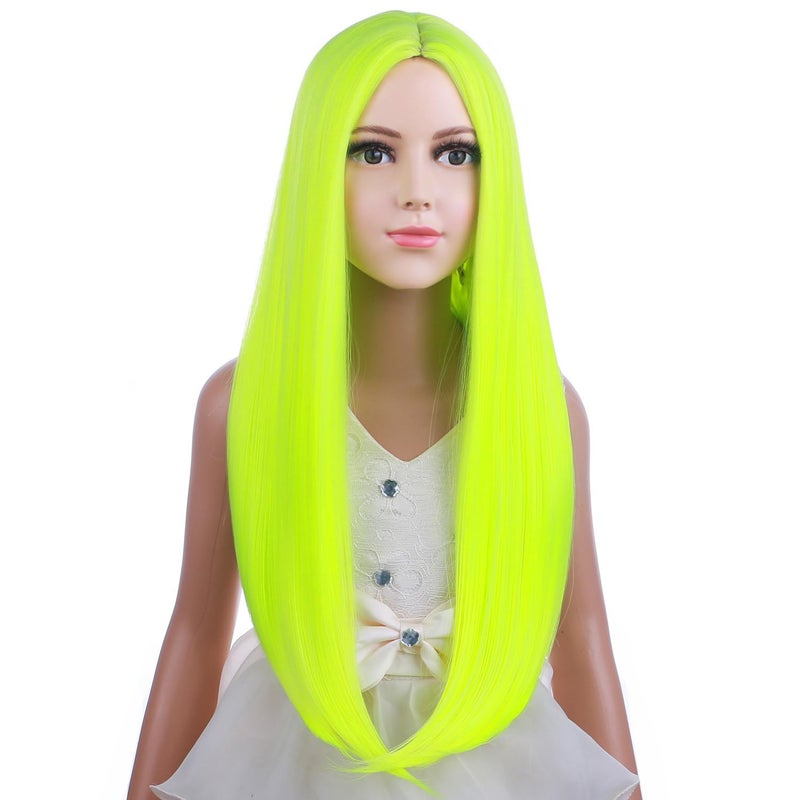 Kids Long Straight Lime Green Wig with Wig Cap