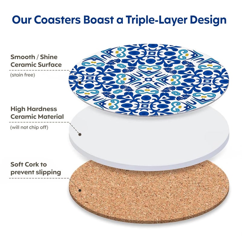 Decor & More - Ceramic Coasters with Matt Finish On Top & Cork Base | Coasters for Cups Set of 6 | Marble Style Ceramic Coaster for Tea, Coffee Table & Dining Table with Metal Holder - Image 5