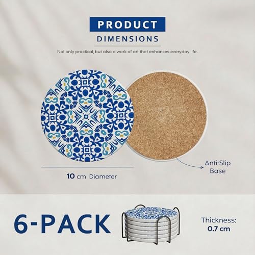 Decor & More - Ceramic Coasters with Matt Finish On Top & Cork Base | Coasters for Cups Set of 6 | Marble Style Ceramic Coaster for Tea, Coffee Table & Dining Table with Metal Holder - Image 2