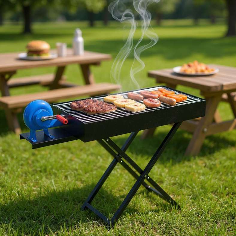 طقم شواء فحم قابل للطي مع مروحة - أسود