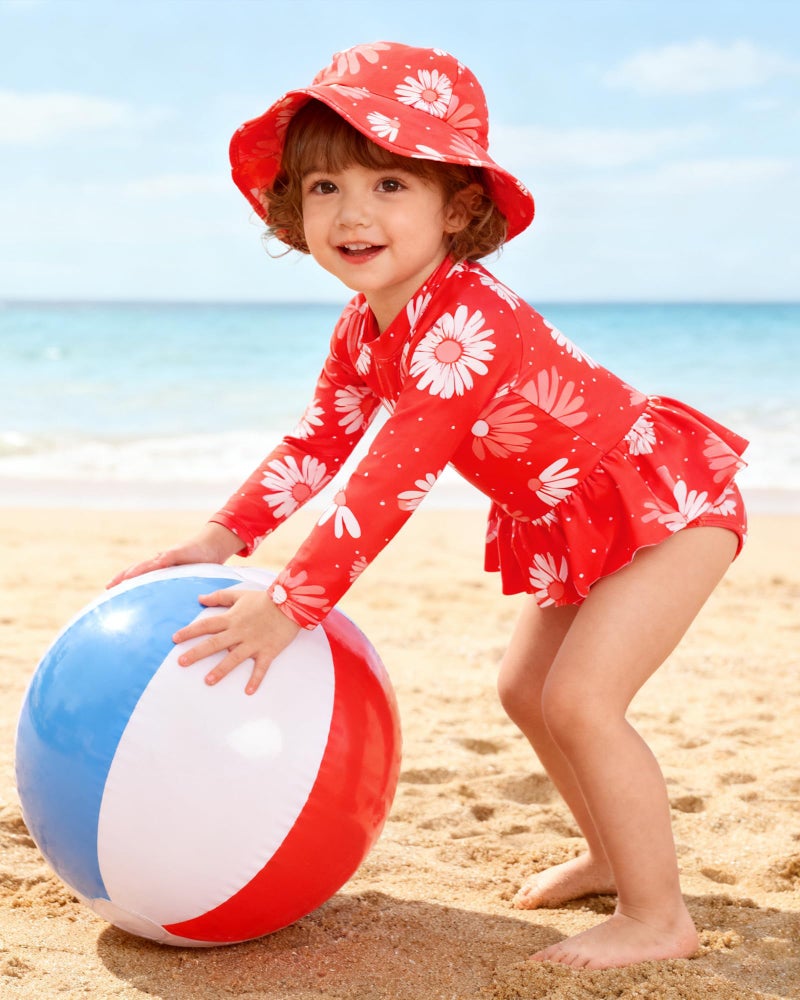 Redair Toddler Bathing Suit Girls One Piece Swimsuit 2t 3t Long Sleeve Ruffle Rash Guard UPF 50+ Sun Protection Red Floral - Image 3