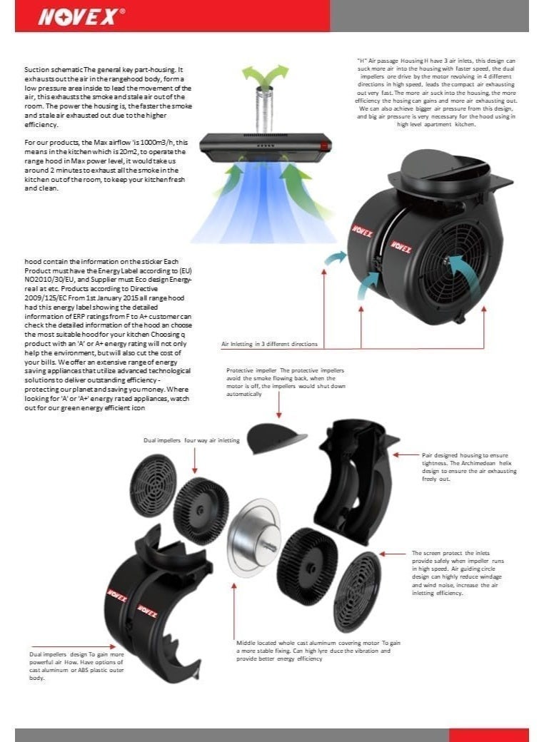 نوفيكس شفاط مطبخ NOVEX 90 سم باللون الأسود | شفاط مطبخ رفيع للتثبيت على الحائط | قوة شفط 320 متر مكعب/ساعة | زر تحكم بثلاث سرعات | إضاءة LED | أنبوب تهوية وإعادة تدوير - Image 2