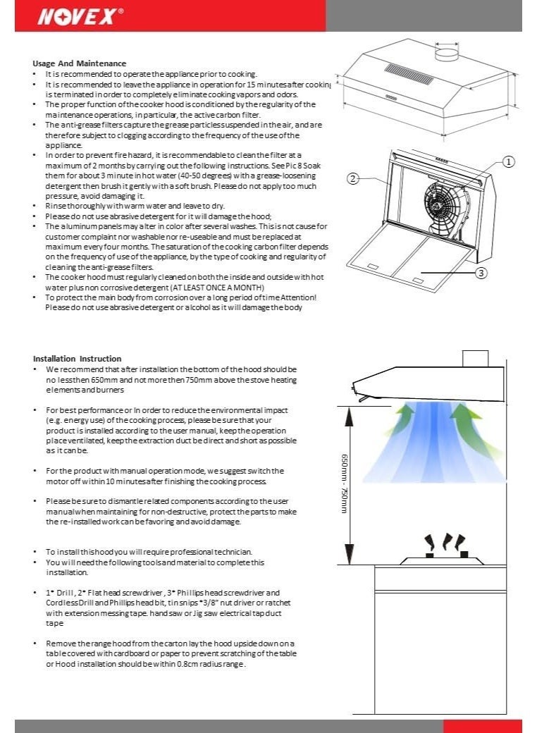 نوفيكس شفاط مطبخ NOVEX 90 سم باللون الأسود | شفاط مطبخ رفيع للتثبيت على الحائط | قوة شفط 320 متر مكعب/ساعة | زر تحكم بثلاث سرعات | إضاءة LED | أنبوب تهوية وإعادة تدوير - Image 3