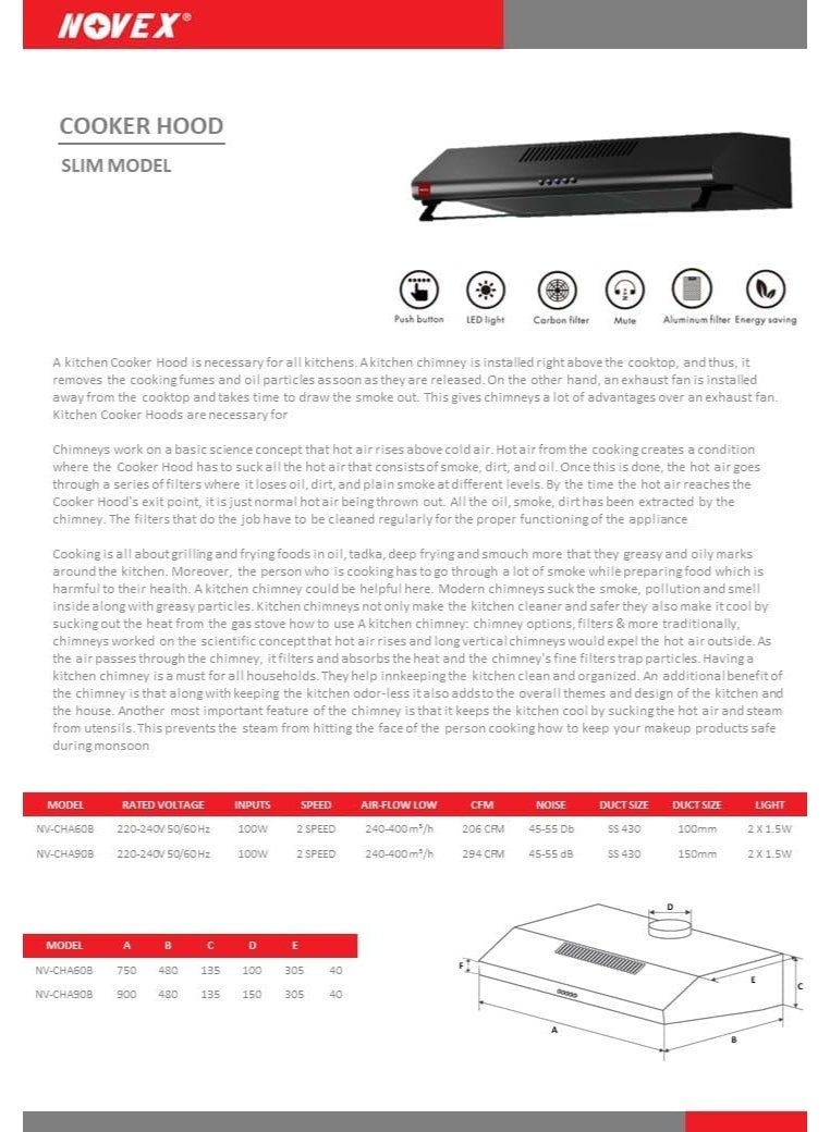 نوفيكس شفاط مطبخ NOVEX 90 سم باللون الأسود | شفاط مطبخ رفيع للتثبيت على الحائط | قوة شفط 320 متر مكعب/ساعة | زر تحكم بثلاث سرعات | إضاءة LED | أنبوب تهوية وإعادة تدوير - Image 4