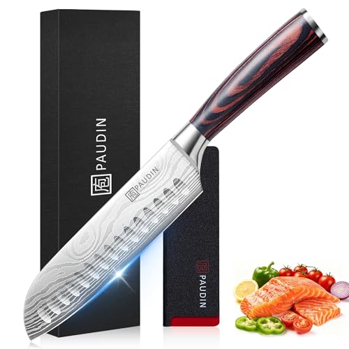 PAUDIN 7" Santoku Japanese Chef Knife – Forged High Carbon German Stainless Steel (58±2 HRC) – Ultra Sharp Razor Edge & Long-Lasting – Ergonomic Pakkawood Handle – Gift for Home Cook & Pro Chef - Image 1