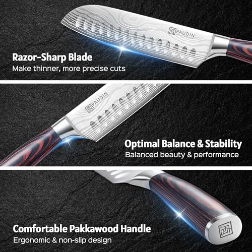 PAUDIN 7" Santoku Japanese Chef Knife – Forged High Carbon German Stainless Steel (58±2 HRC) – Ultra Sharp Razor Edge & Long-Lasting – Ergonomic Pakkawood Handle – Gift for Home Cook & Pro Chef - Image 2