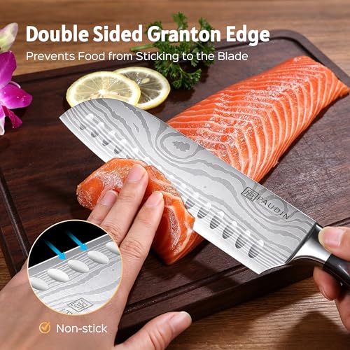 PAUDIN 7" Santoku Japanese Chef Knife – Forged High Carbon German Stainless Steel (58±2 HRC) – Ultra Sharp Razor Edge & Long-Lasting – Ergonomic Pakkawood Handle – Gift for Home Cook & Pro Chef - Image 5