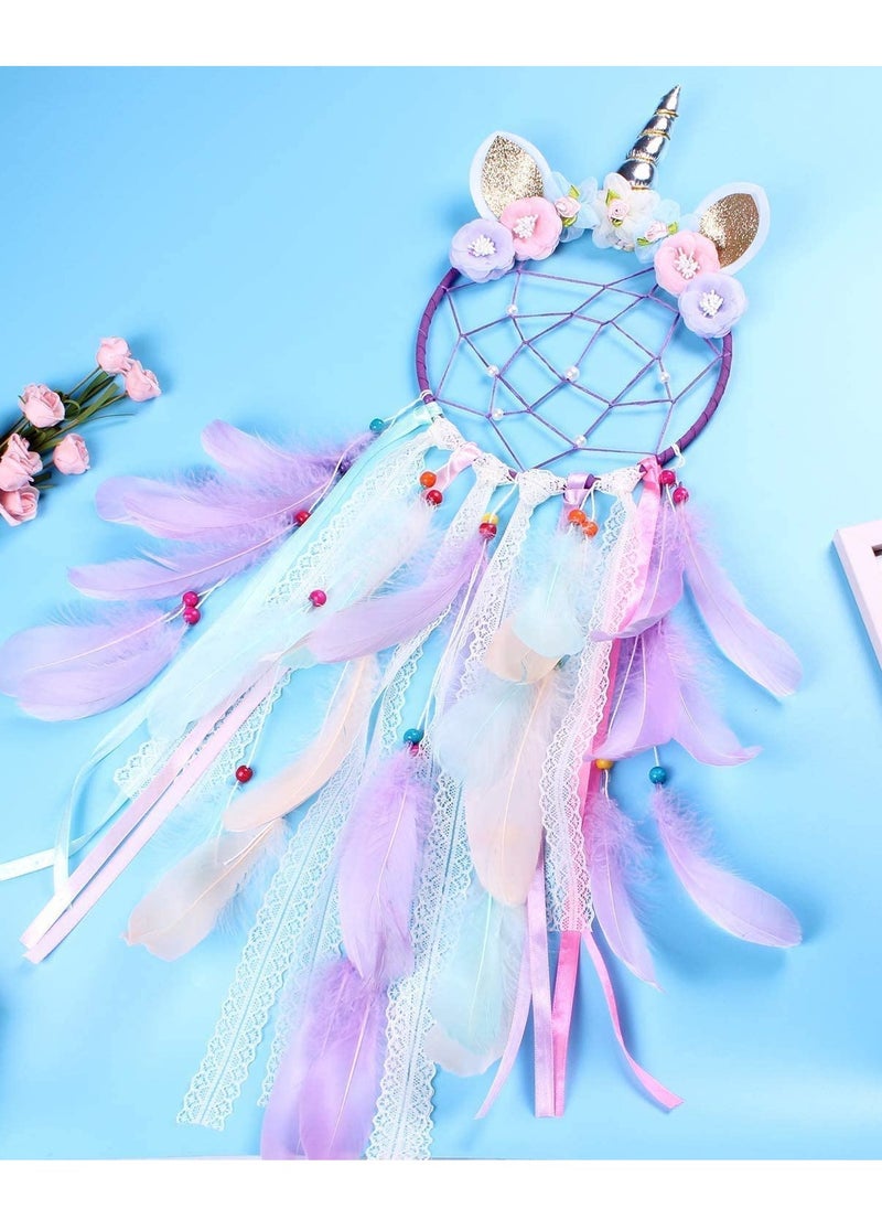 SYOSI Unicorn Dream Catcher Wall Decor C ute Feather Dreamcatcher Wall Hanging for Bedrooms Party Royal Purple Feathers Traditional Crochet Design Feather Tassels Flower  - Image 1