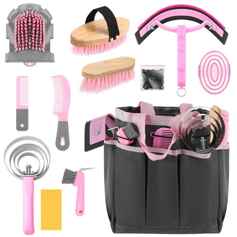 Abbylike 12 Piece Horse Grooming Kit with Organizer Tote Bag Brush Sets for Derby Day Show Horses Professional Tools for Care & Massage(Pink and Grey) - Image 3