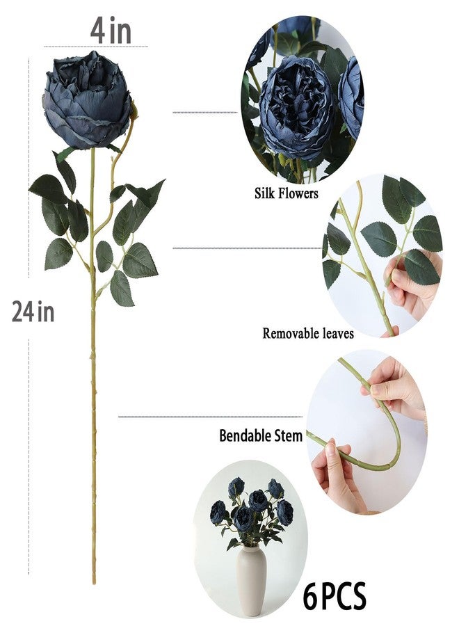 mizii 6Pcs Burnt Blue Artificial Roses Flowers Fake Silk Roses Flower with Long Stem for Wedding Decorations Table Centerpieces Flower Arrangement Home Decor (Burnt Blue) - Image 2