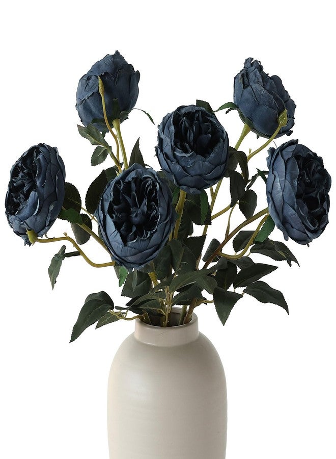 mizii 6Pcs Burnt Blue Artificial Roses Flowers Fake Silk Roses Flower with Long Stem for Wedding Decorations Table Centerpieces Flower Arrangement Home Decor (Burnt Blue) - Image 1