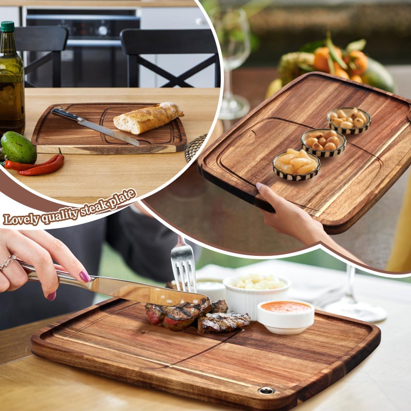 Uiifan 1 Pcs Steak Plates with Juice Channel Wooden Steak Board Set Acacia Cutting Serving Board for Home Serving Eating Meat Dishes Snack Dessert, 13 x 11 x 0.6 Inch - Image 3